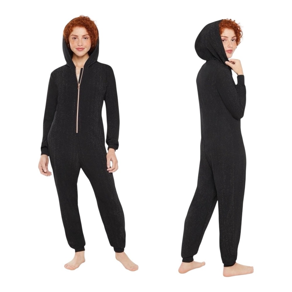 Savage X Fenty Rihanna Black Shimmer‎ Hooded Athleisure Lounge Jumpsuit Jogger M